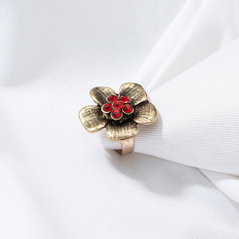 Vintage Zircon Flower Ring with Handmade Cross-border Charm