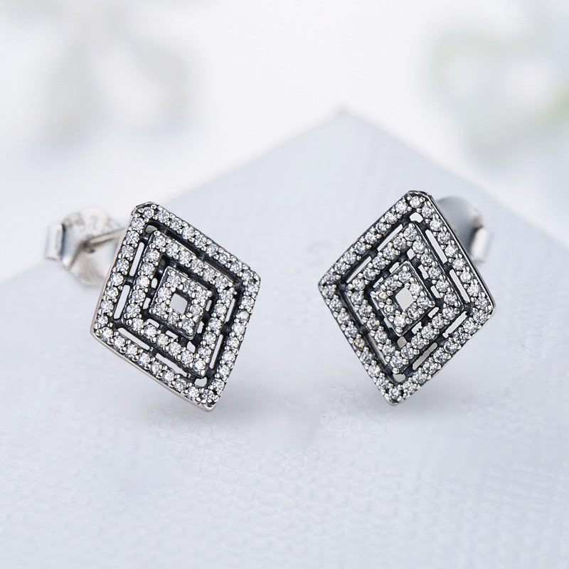 Exaggerated Vintage Diamond Shape Sterling Silver Earrings with Zircon Gemstones