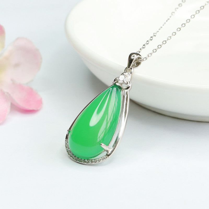 Sterling Silver Necklace with Green Chalcedony Droplet Pendant