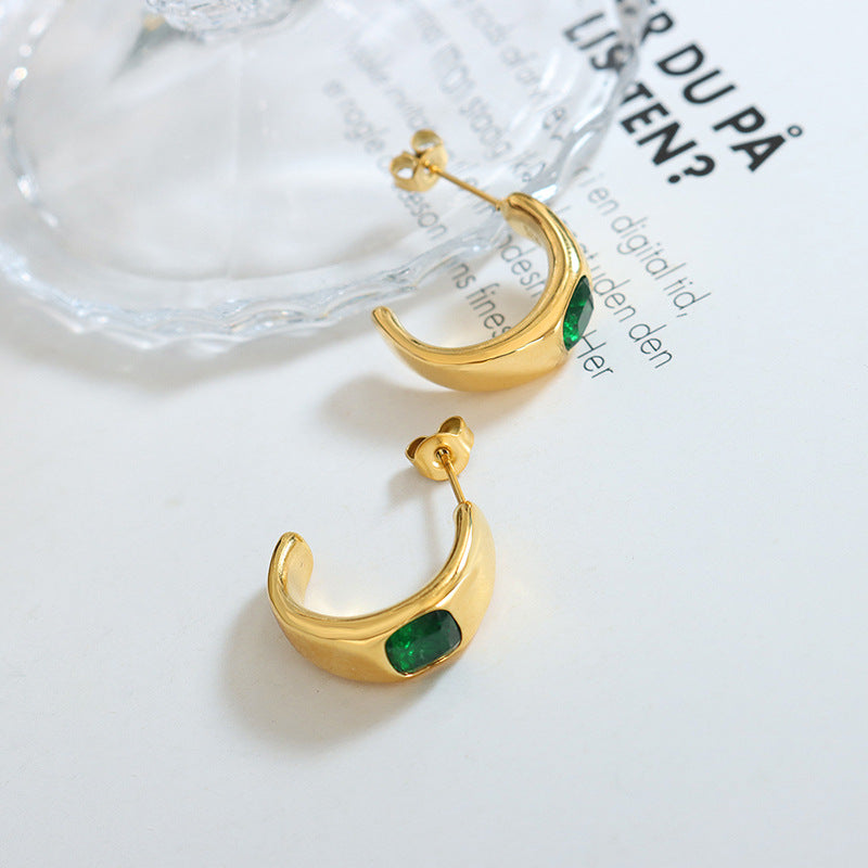 Green Zircon C-Shaped Earrings in Titanium Steel with 18K Gold Plating - European & American Style Statement Jewelry