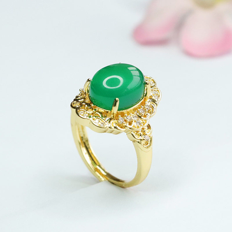 Golden Palace Style Chalcedony Ring with Zircon Flower Lace