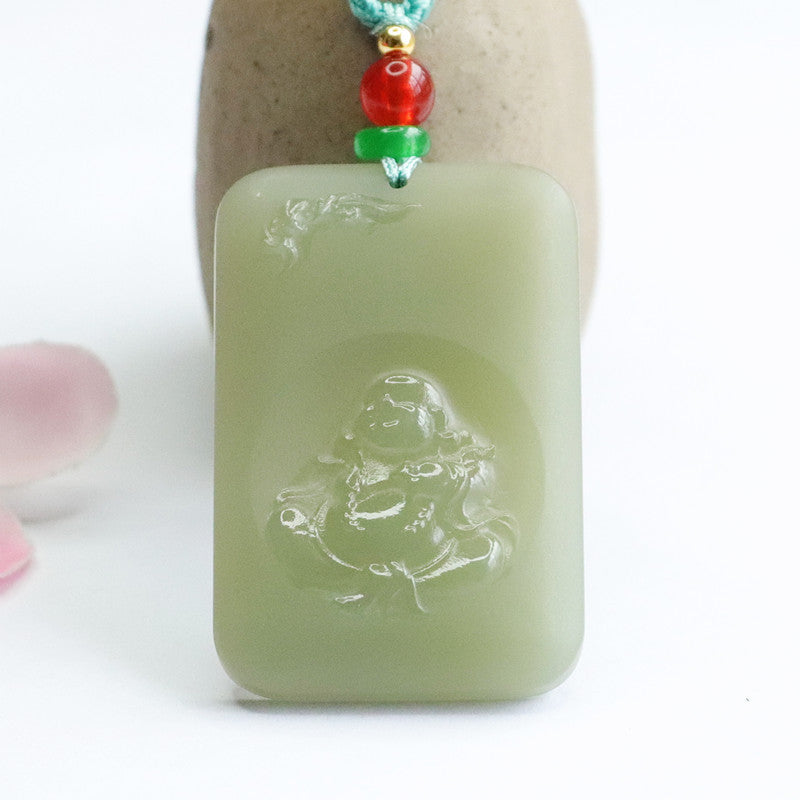 Buddha Carving Hetian Jade Pendant with Sterling Silver Details