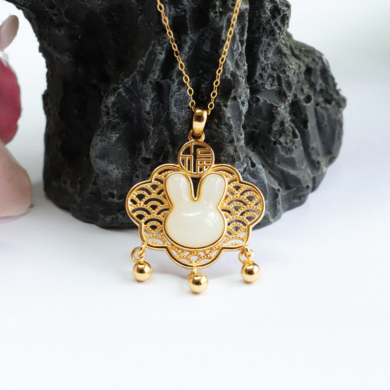 Silver Rabbit Blessing Necklace with Natural White Jade Hollow Ruyi Pendant