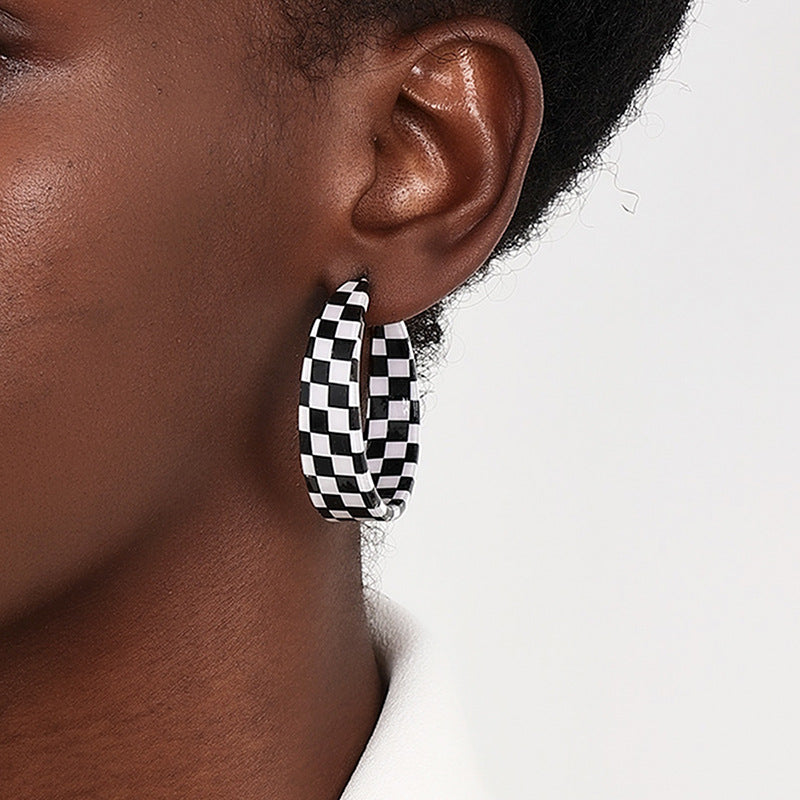 C-Shaped Checkerboard Earrings with Acrylic Details - Vienna Verve Collection