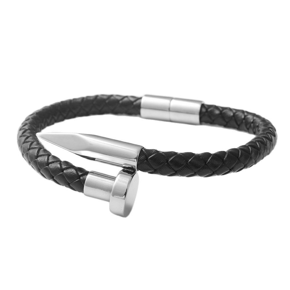 Punk-Inspired Titanium Steel Round Nail Bracelet for Men and Women - Stylish Woven Leather Accessory