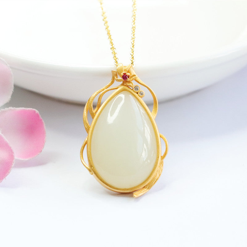 White Jade Drop Necklace with Sterling Silver Lace Detail