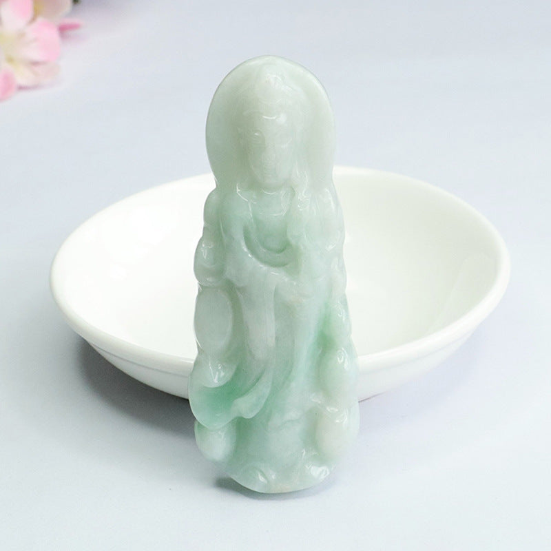 Guardian Goddess of Fortune: Sterling Silver Jade Flower Standing Guanyin Pendant