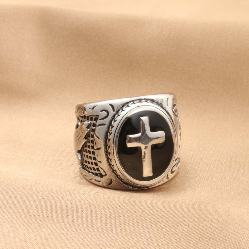 Trendy Retro Titanium Steel Cross Ring for Men - Stylish Black Epoxy Accessory