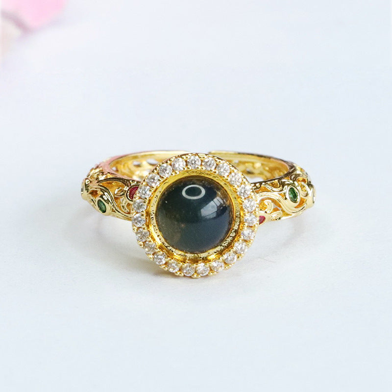 Vintage Sterling Silver Adjustable Blue Amber Ring for Women