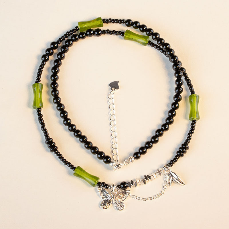 Fortune's Favor Sterling Silver Agate Necklace with Black Onyx and Green Bamboo Leaf Butterfly Pendant