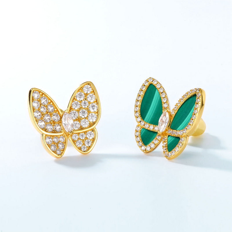 Zircon and Malachite Asymmetric Butterfly Sterling Silver Stud Earrings