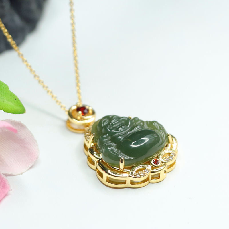 Fortune's Favor Sterling Silver Hotan Jade Maitreya Buddha Necklace