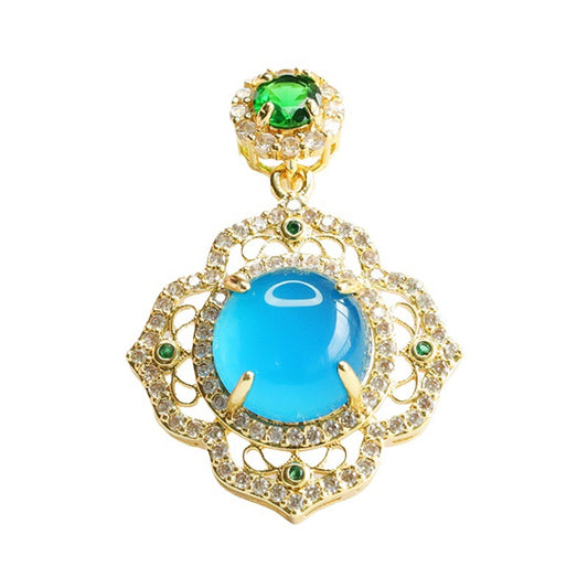 Round Blue Chalcedony Hollow Petal Pendant Female Retro