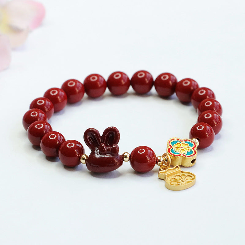 Lucky Cinnabar Rabbit and Four-Leaf Clover Sterling Silver Bracelet