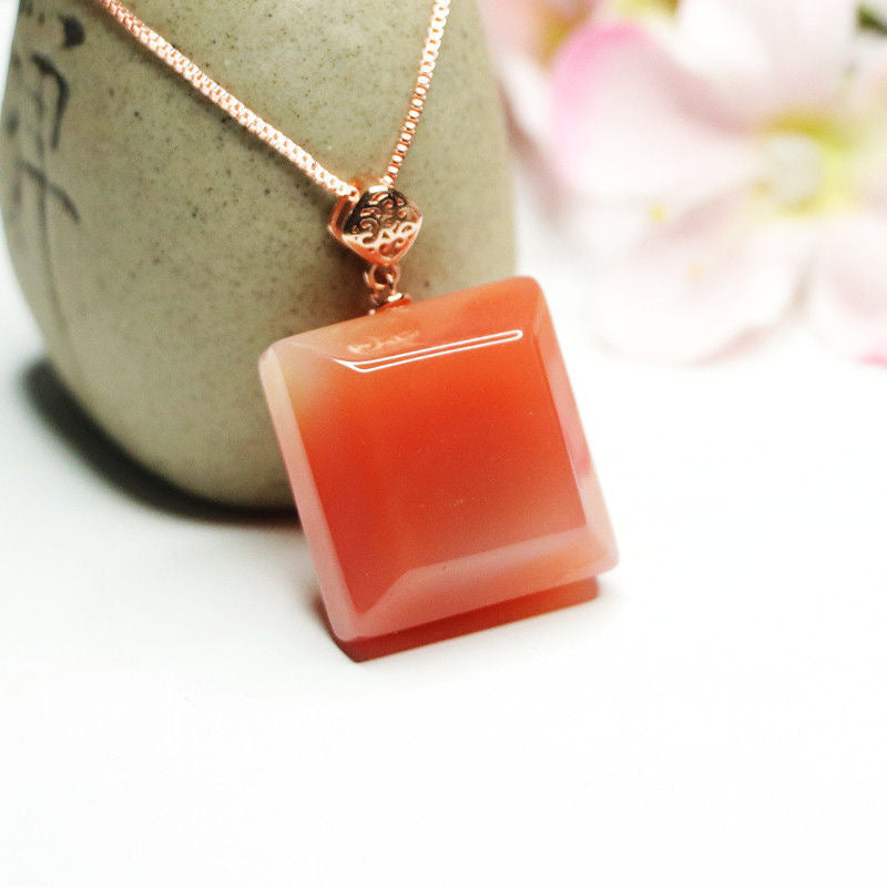 Agate Sugar Cube Pendant Necklace in Sterling Silver with Rose Gold Finish