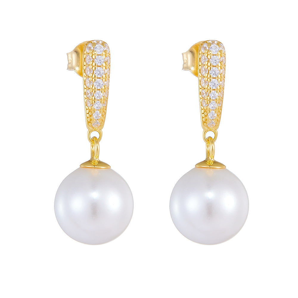 Round Pearl Pendant Zircon Sterling Silver Drop Earrings