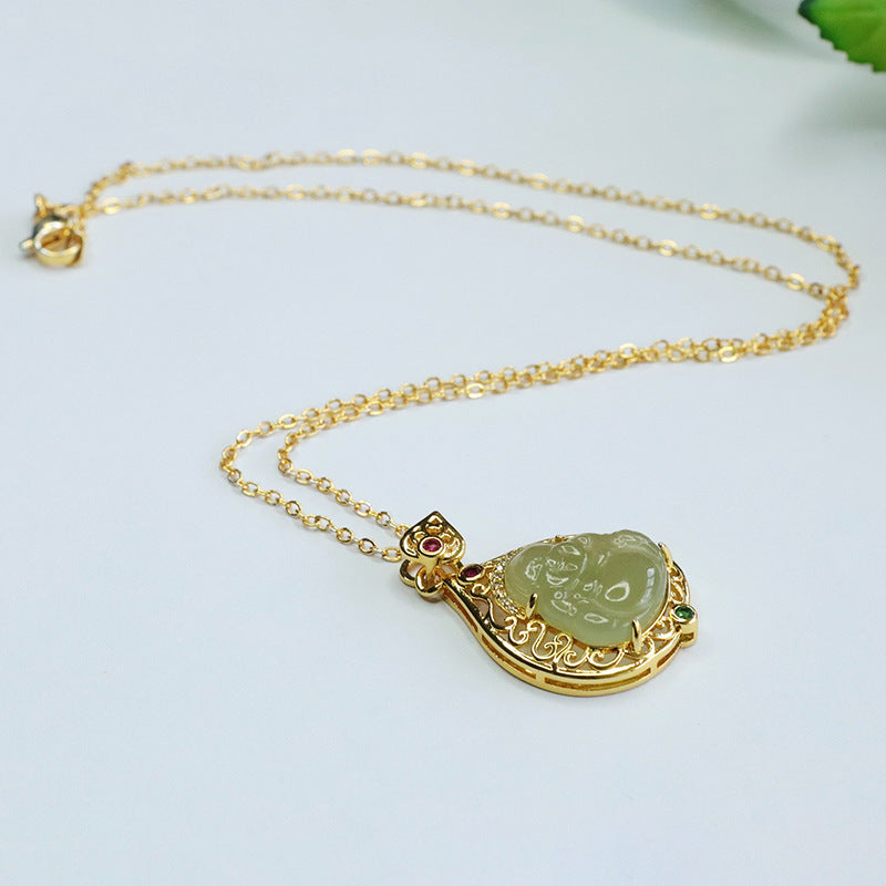 Jade Buddha Pendant with Sparkling Zircon Necklace