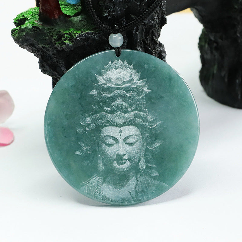 Carved Green Jade Guanyin Round Pendant