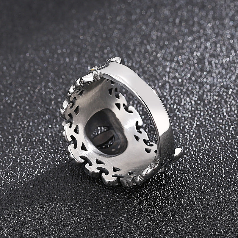 European and American Retro Crown Zircon Inlaid Titanium Steel Men's Ring for Unique Style