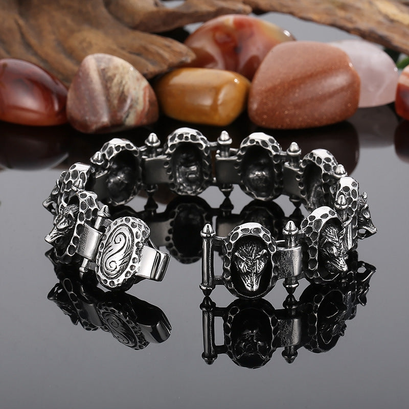 Vintage-Inspired Punk Titanium Steel Wolf Head Bracelet for Men with Bold Round Design