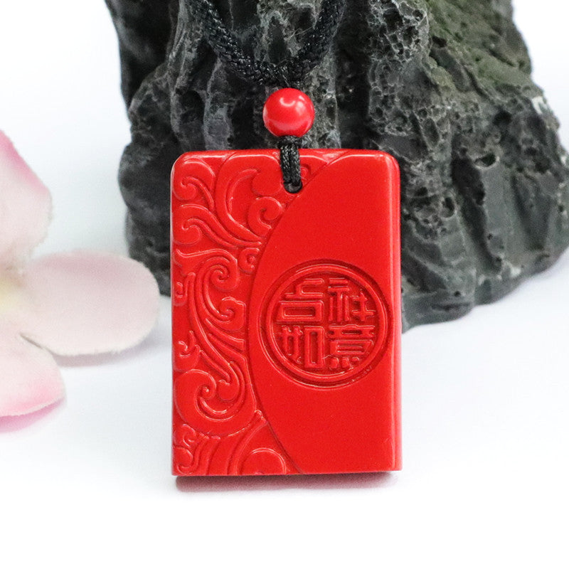 Fortune's Favor Sterling Silver Cinnabar Stone Pendant with Auspicious Ruyi Motif