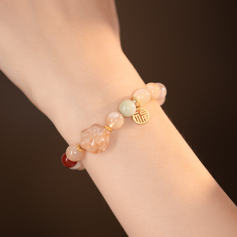 Cherry Blossom Agate Cat Claw Bracelet in S925 Silver for Girls, Fresh and Sweet Style Handcrafted Gift