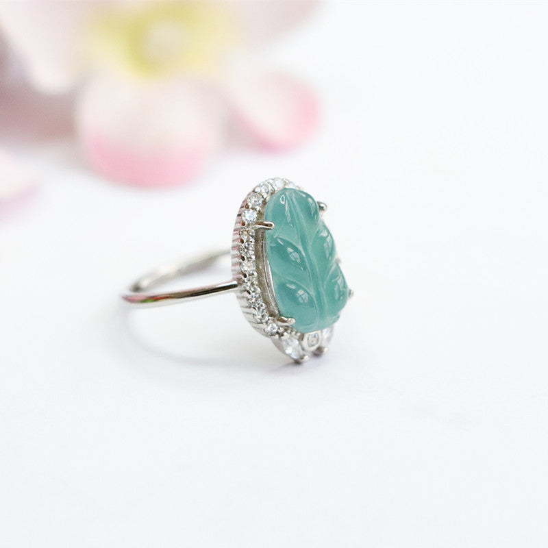 Sterling Silver Adjustable Ice Blue Green Jade Leaf Ring