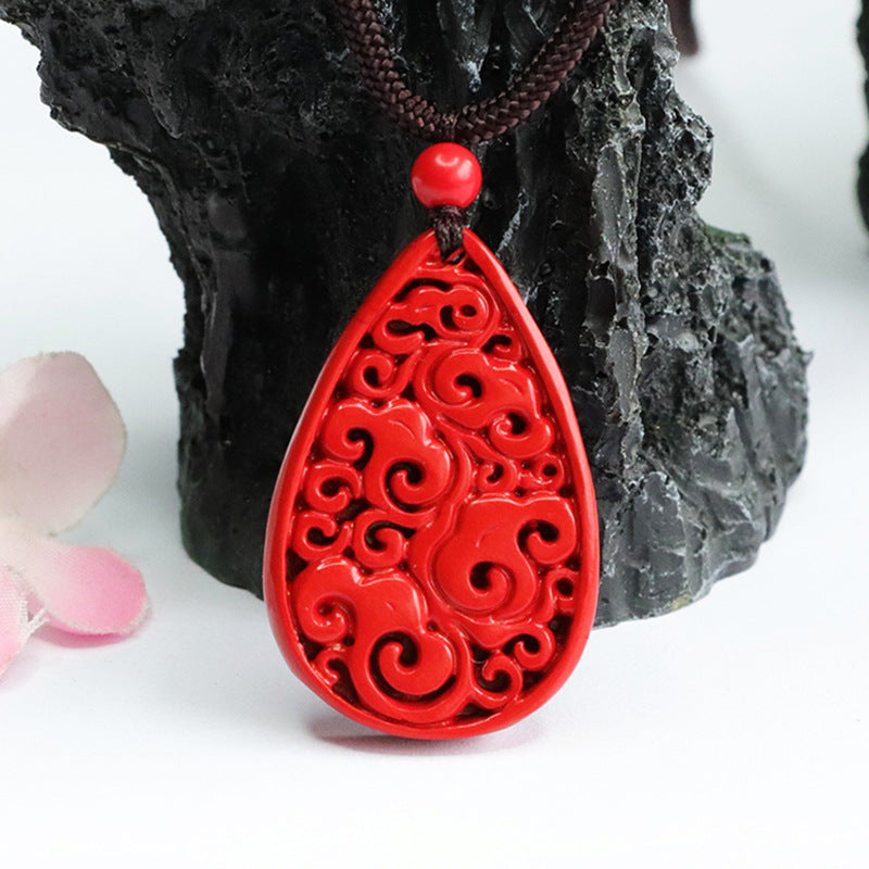 Red Sand Carving Sterling Silver Cinnabar Pendant with Auspicious Cloud and Water Drop