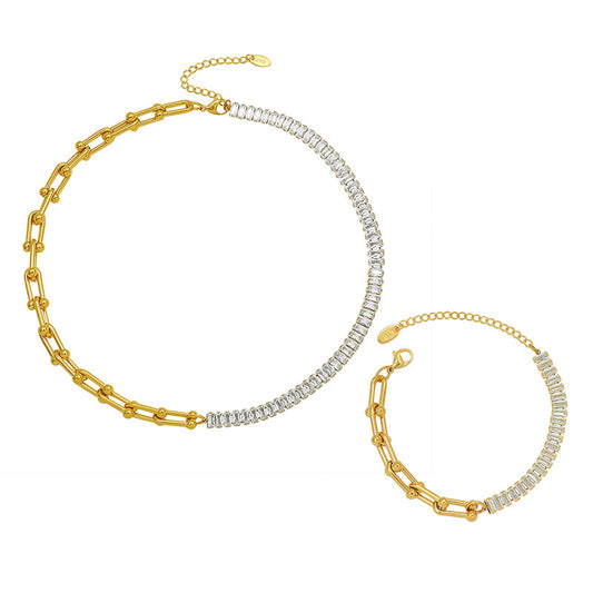 Luxurious European and American U-shaped Horseshoe Bracelet Necklace Set - Gold-Plated Titanium Steel Jewelry