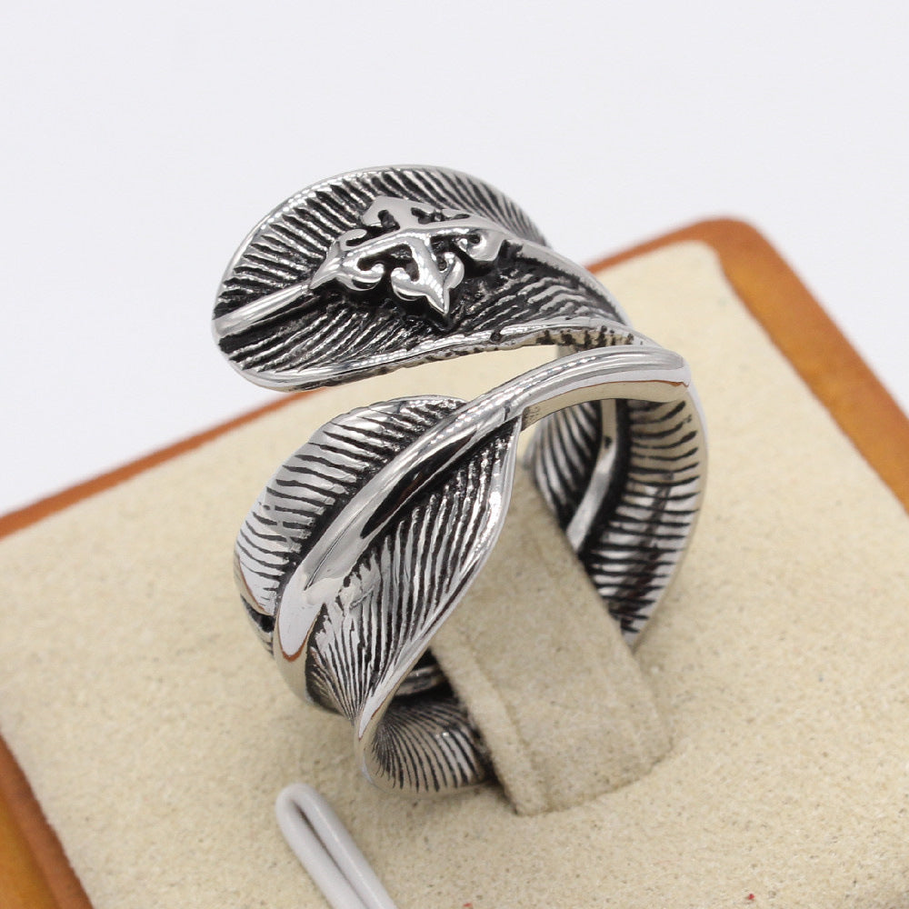 Exotic Fashion Feather Retro Titanium Ring for Men and Women