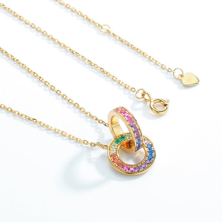 Double Circle Rainbow Zircon Silver Necklace