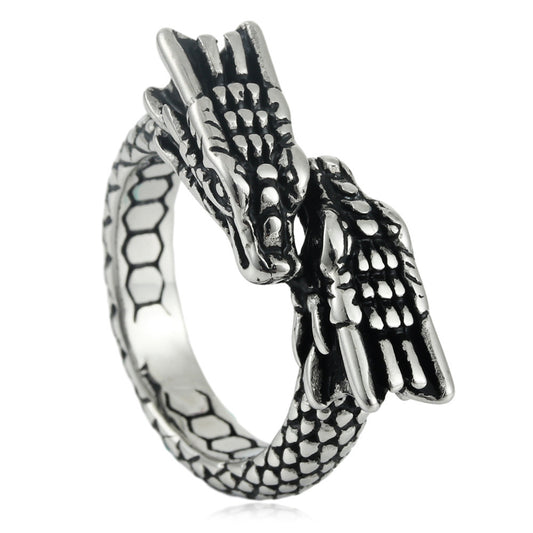 Titanium Steel Double-Headed Dragon Ring for Men - Retro Trendy European and American Jewelry