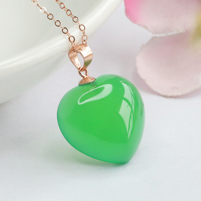 Rose Gold Necklace with Sterling Silver Green Chalcedony Love Pendant