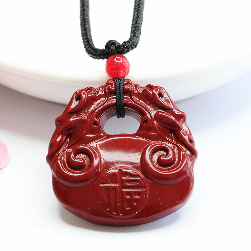 Double Dragon Cinnabar Pendant with Purple Gold Sand & Blessing Lock from Fortune's Favor Collection