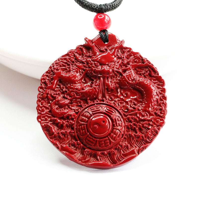 Dragon Bagua Sterling Silver Pendant with Cinnabar Stone - Prosperity and Protection Symbol