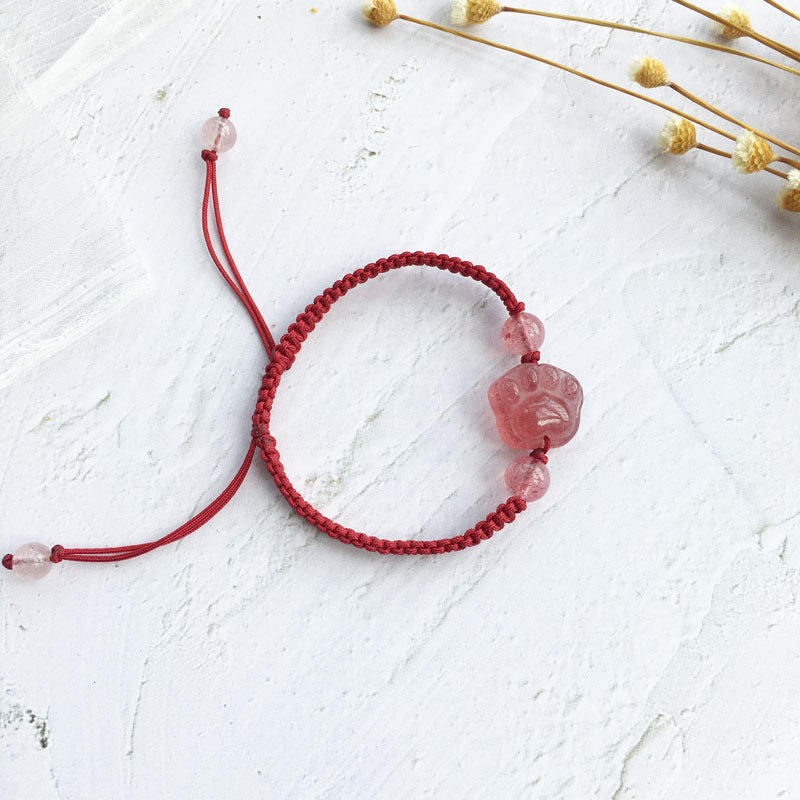 Crystal Strawberry Wealth Bracelet with Red Rope Handmade Cat Claw Design