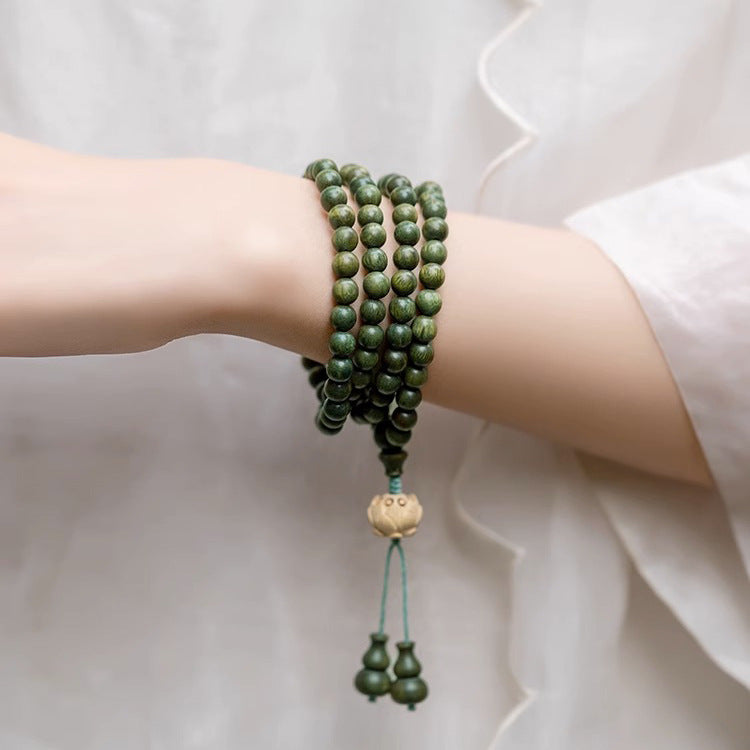 Sterling Silver Green Sandalwood Buddha Beads Bracelet Set