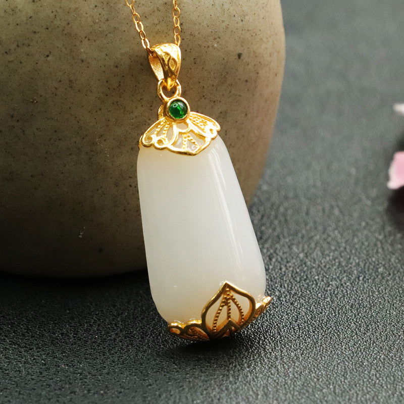 S925 Silver Natural Hotan Jade Pendant Trapezoidal White Jade Necklace