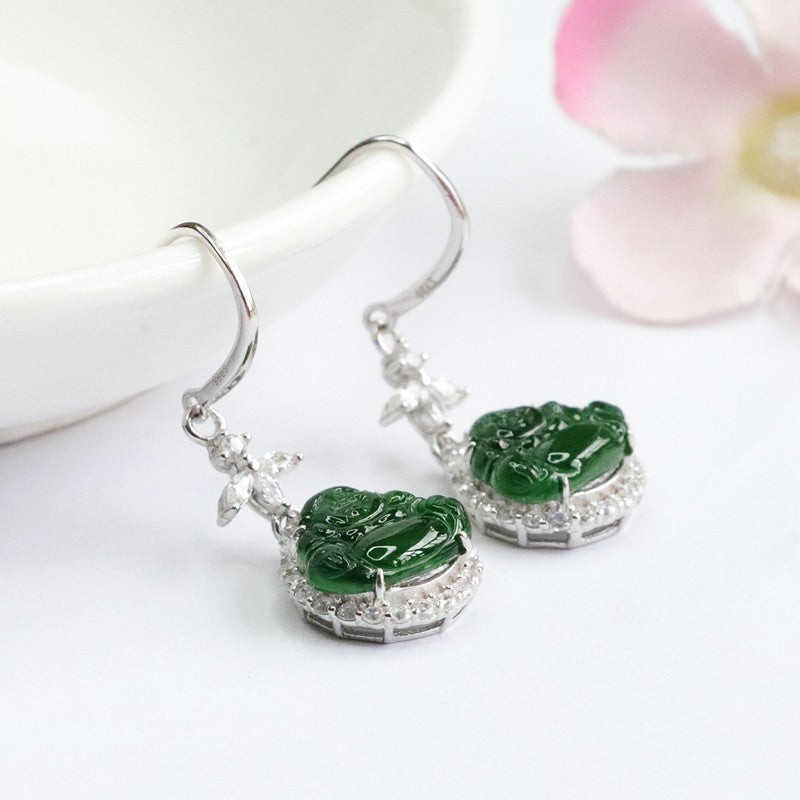 Ice Emperor Green Buddha Jade Sterling Silver Earrings