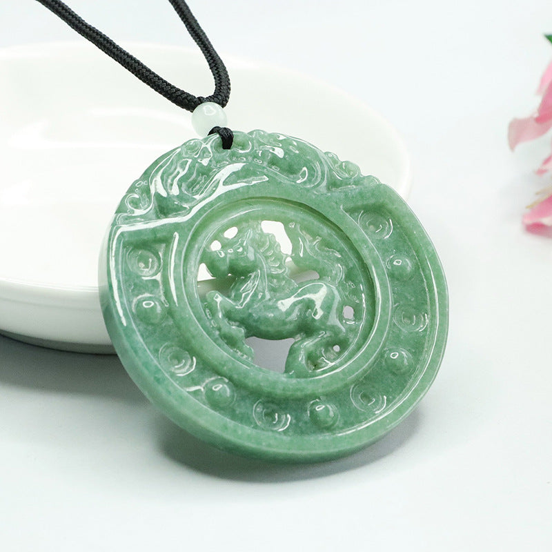 Myanmar Grade A Jade Horse Carving Hollow Round Pendant for Luck and Abundance