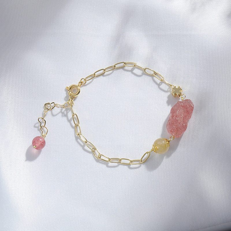 Strawberry Crystal Pixiu Bracelet with Sterling Silver Needle