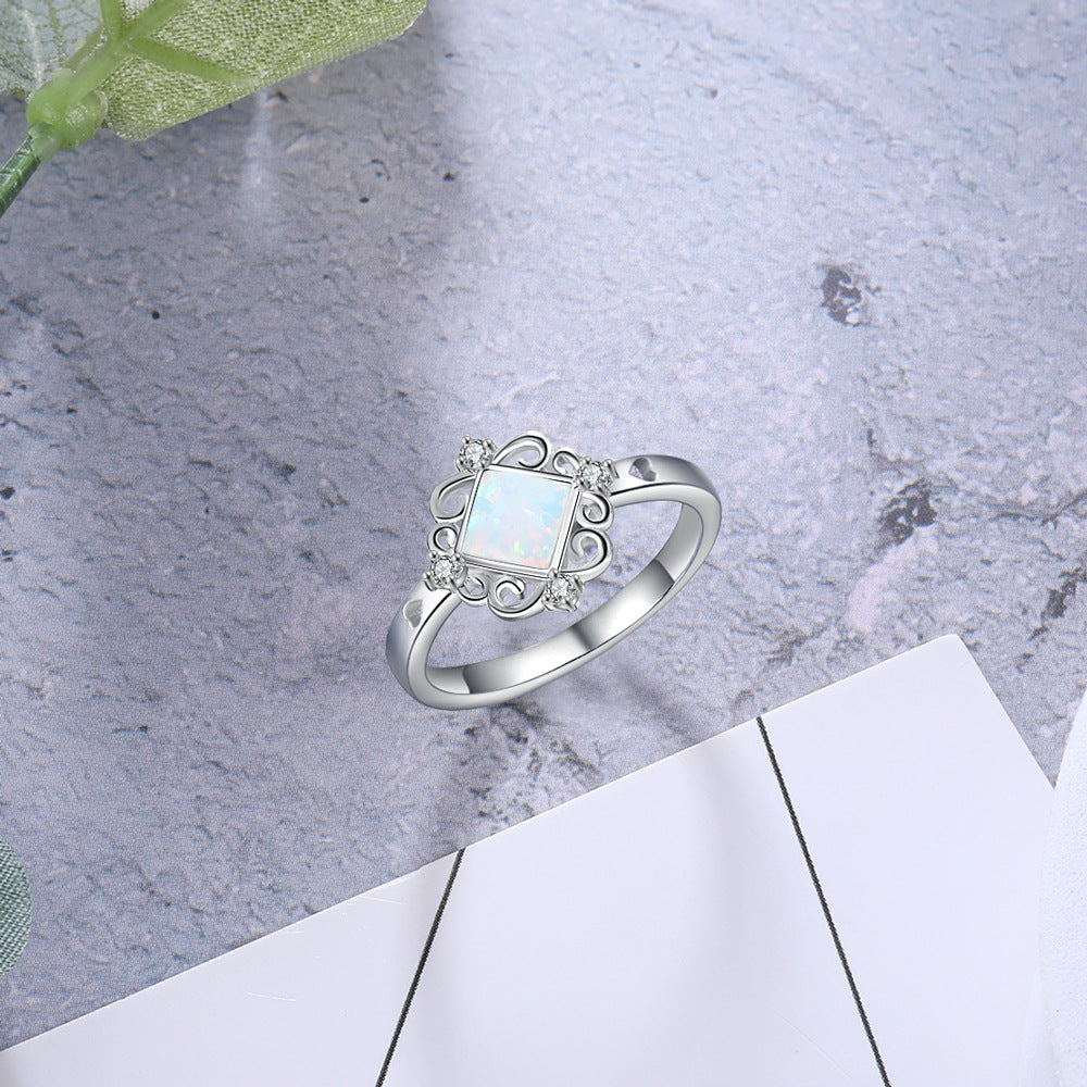 Palace Style Square Opal with Four Small Zircon Sterling Silver Ring