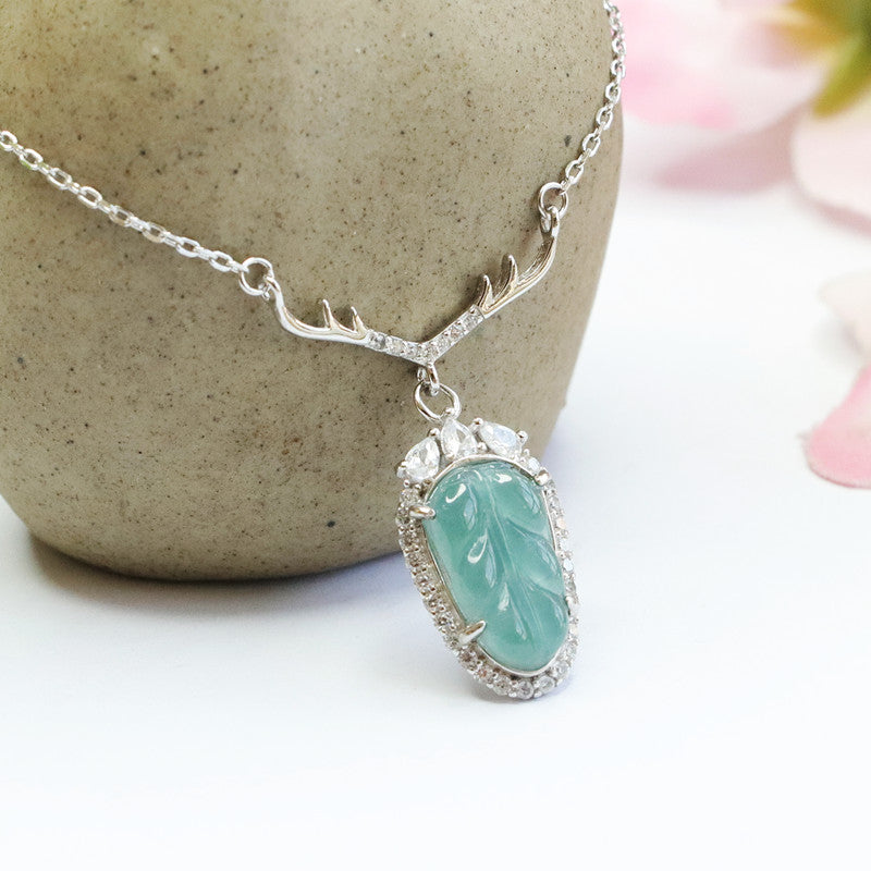 Sterling Silver Natural Jade Pendant Blue Green Leaf Zircon Antler Necklace