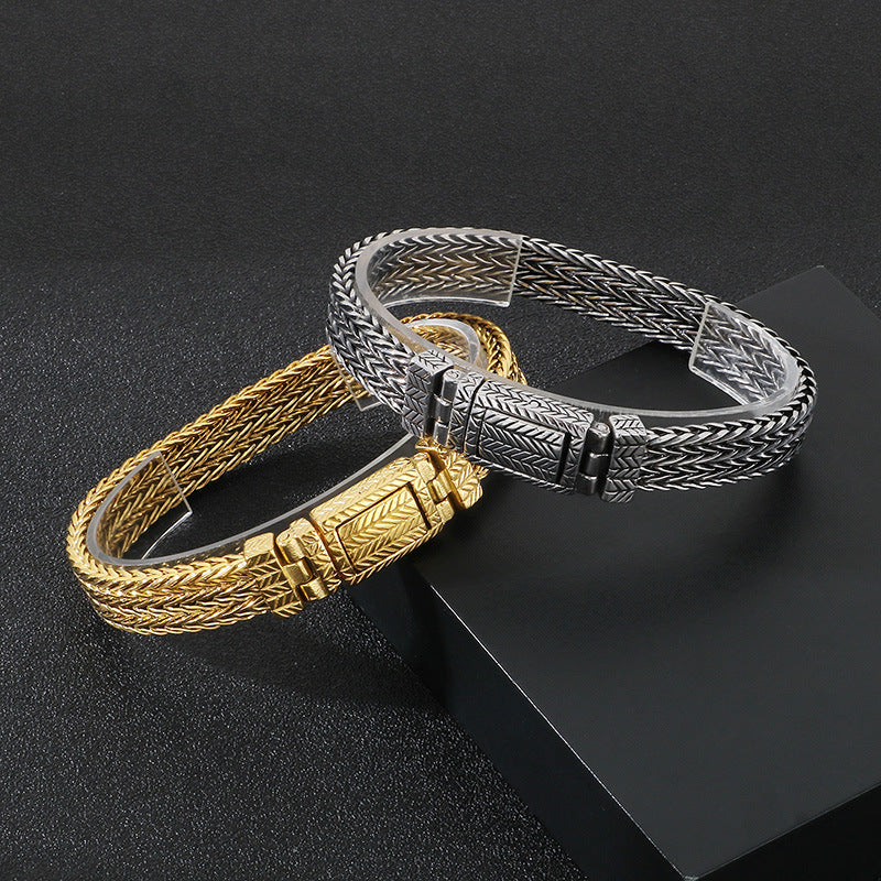 Stylish Punk-Inspired Stainless Steel Wheat Pattern Bracelet for Men