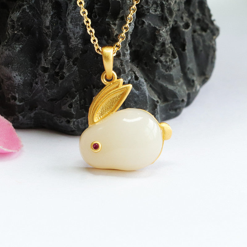 Silver Rabbit Necklace with Natural White Hetian Jade