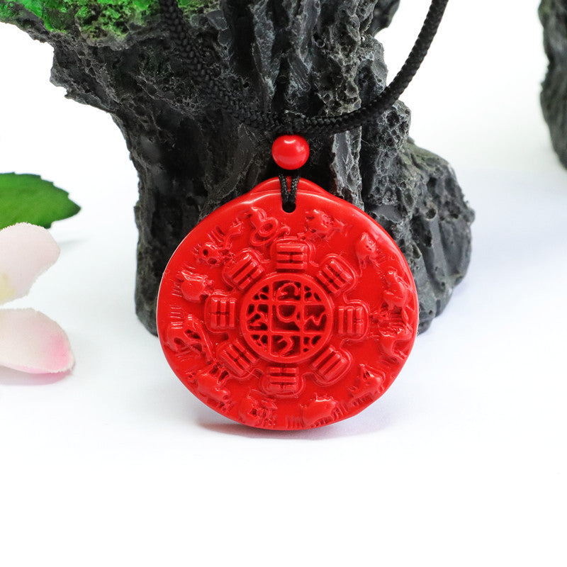 Red Sand Nine Palaces, Bagua, and Twelve Zodiac Sterling Silver Pendant with Cinnabar Stone