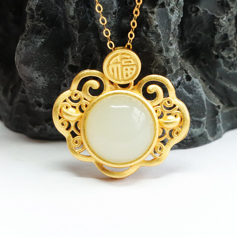 S925 Silver Natural Hotan Jade Pendant Round White Jade Hollow Blessing Ruyi Necklace