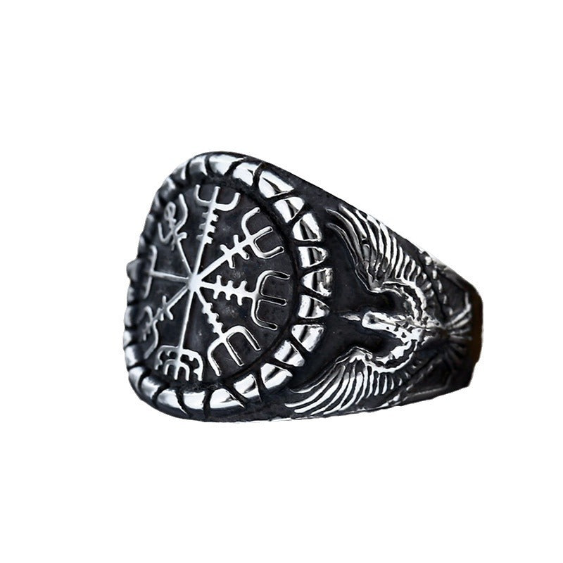 Wholesale Viking Rune Stainless Steel Ring for Men - Retro Titanium Steel Double Crow Design, Sizes 7-13