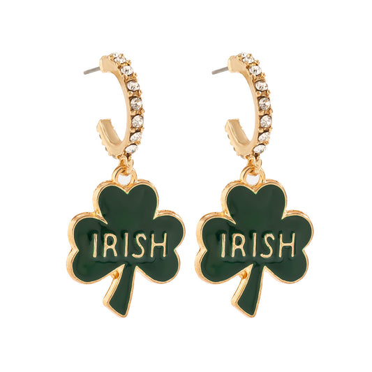 Green Beer Festival Clover Earrings with Micro Inlaid Water Diamonds