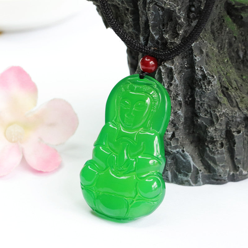 Green Chalcedony Guanyin Necklace with Sterling Silver Pendant